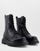 Truffle Collection Chunky Minimal Lace Up Boots In Black Faux Leather