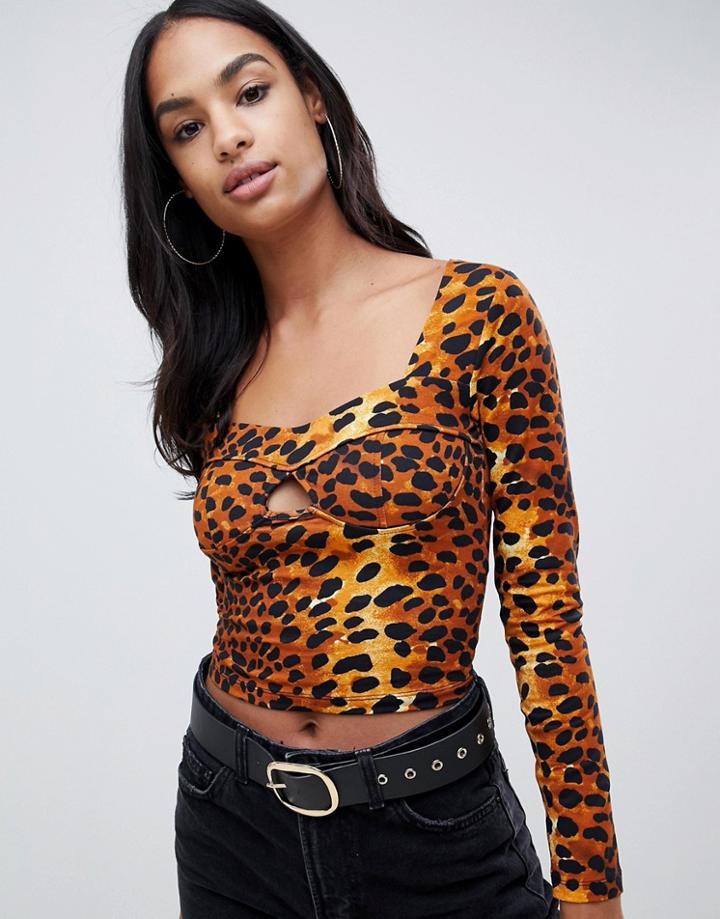 Asos Design Long Sleeve Top With Cup Detail In Animal Print - Multi
