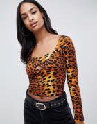 Asos Design Long Sleeve Top With Cup Detail In Animal Print - Multi