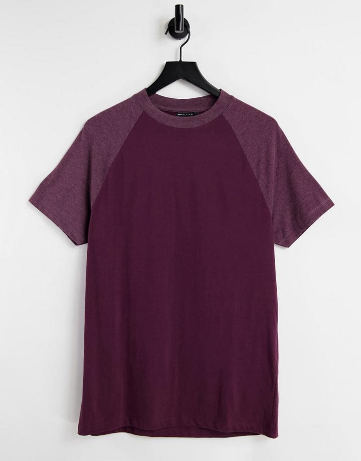 Asos Design T-shirt With Contrast Raglan Sleeves In Burgundy Heather-red