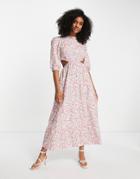 Neon Rose Tie Back Tiered Maxi Smock Dress In Pink Ditsy Floral