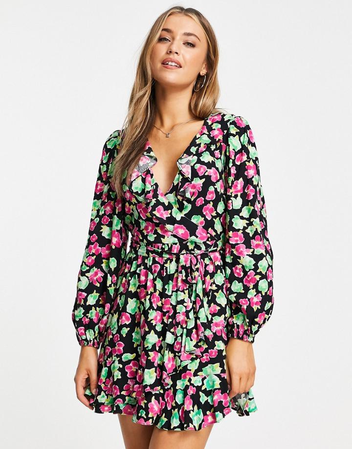 Miss Selfridge Ruffle Wrap Tea Dress In Watercolor Floral - Black