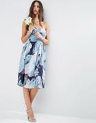 Asos Wedding Chiffon Bandeau Blue Floral Printed Midi Dress - Multi