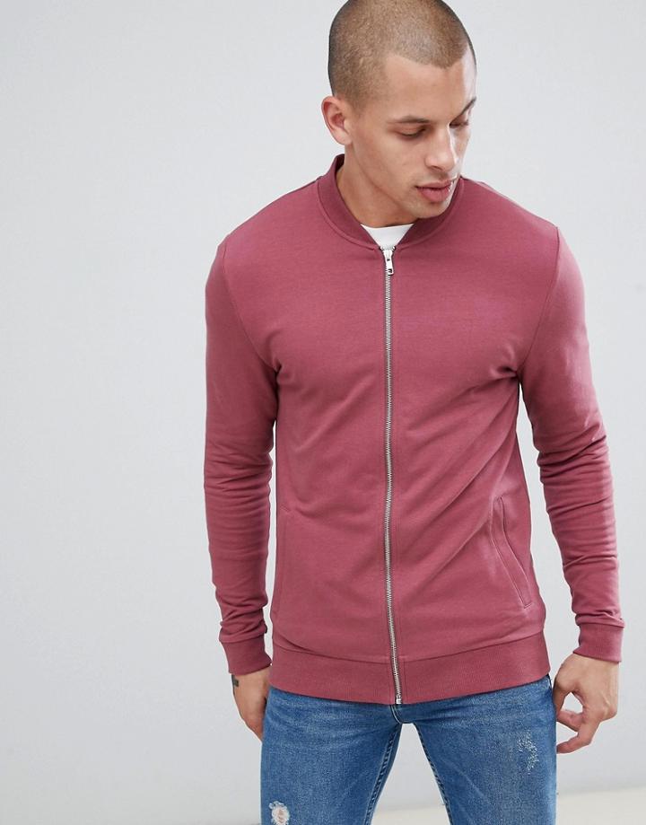 Asos Design Muscle Jersey Bomber Jacket In Washed Red - Red