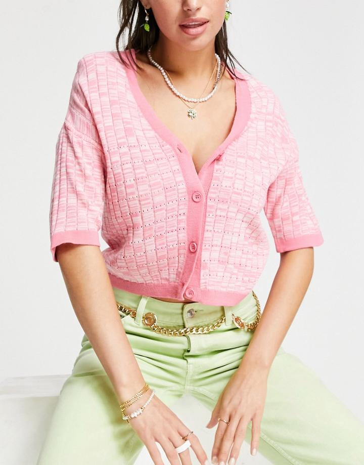 Asos Design Short Sleeve Cardi In Space Dye In Pink