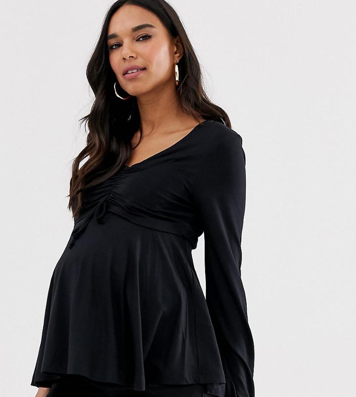 Asos Design Maternity Nursing Ruched Front Top With Blouson Sleeve In Black