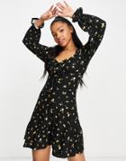 New Look Ditsy Jersey Square Neck Ruched Front Mini Dress In Black Floral