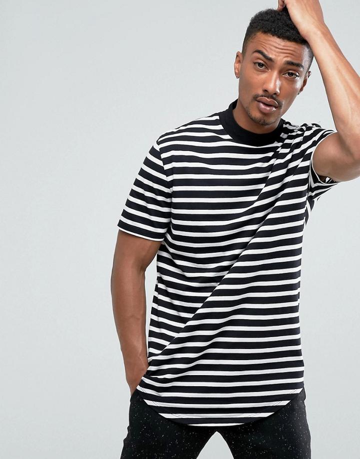 Asos Super Longline Stripe T-shirt With Curved Hem And Turtleneck - Black