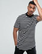 Asos Super Longline Stripe T-shirt With Curved Hem And Turtleneck - Black
