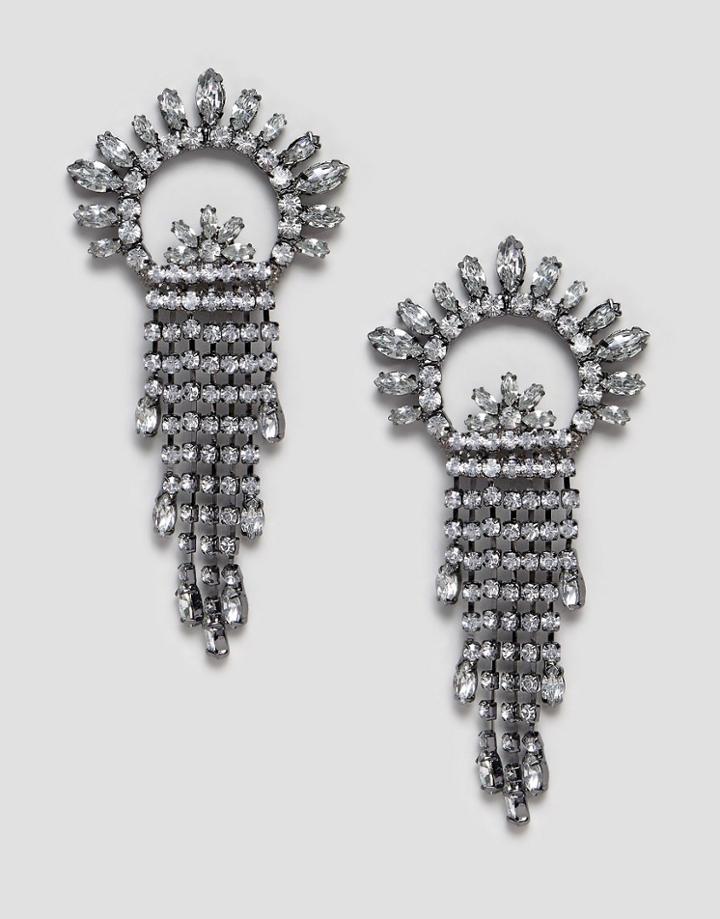 Asos Design Earrings With Crystal Fan And Strand Design In Gunmetal - Silver