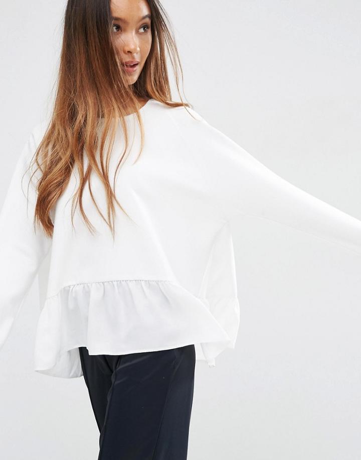 Asos Oversized Sweat With Sheer Ruffle Hem & Raw Edge - Ivory