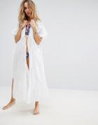 Liquorish Lace Caftan With Side Splits And Open Front - White
