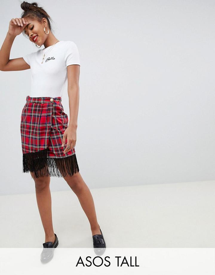 Asos Design Tall Plaid Mini Wrap Skirt With Fringe Hem - Red