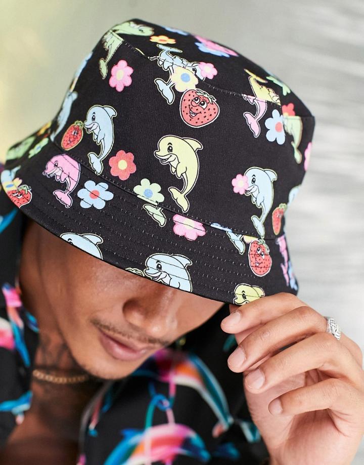 Asos Design Reversible Bucket Hat In Dolphin Print-multi