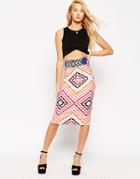 Asos 70's Print Skirt With Contrast Waistband - Multi