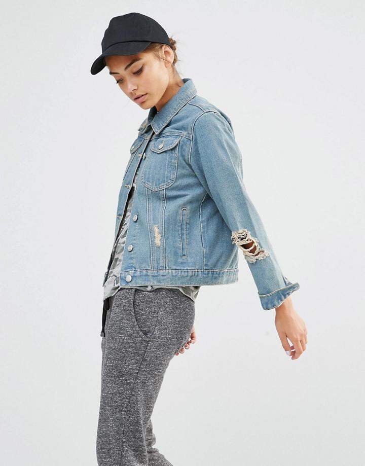 Daisy Street Distressed Denim Jacket - Blue Denim