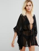 Pia Rossini Crochet Trimmed Open Front Cover Up - Black