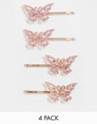 Asos Design Pack Of 4 Hair Clips With Pink Crystal Butterfly