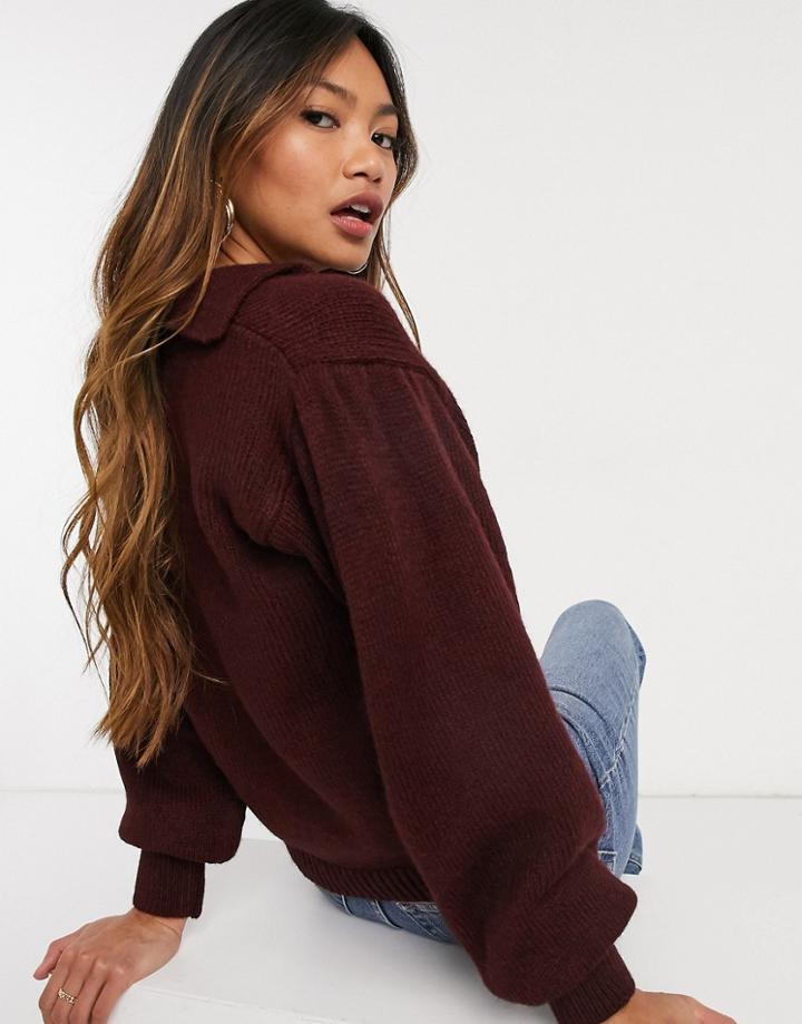 Asos Design Sweater With Open Collar Detail In Dark Red