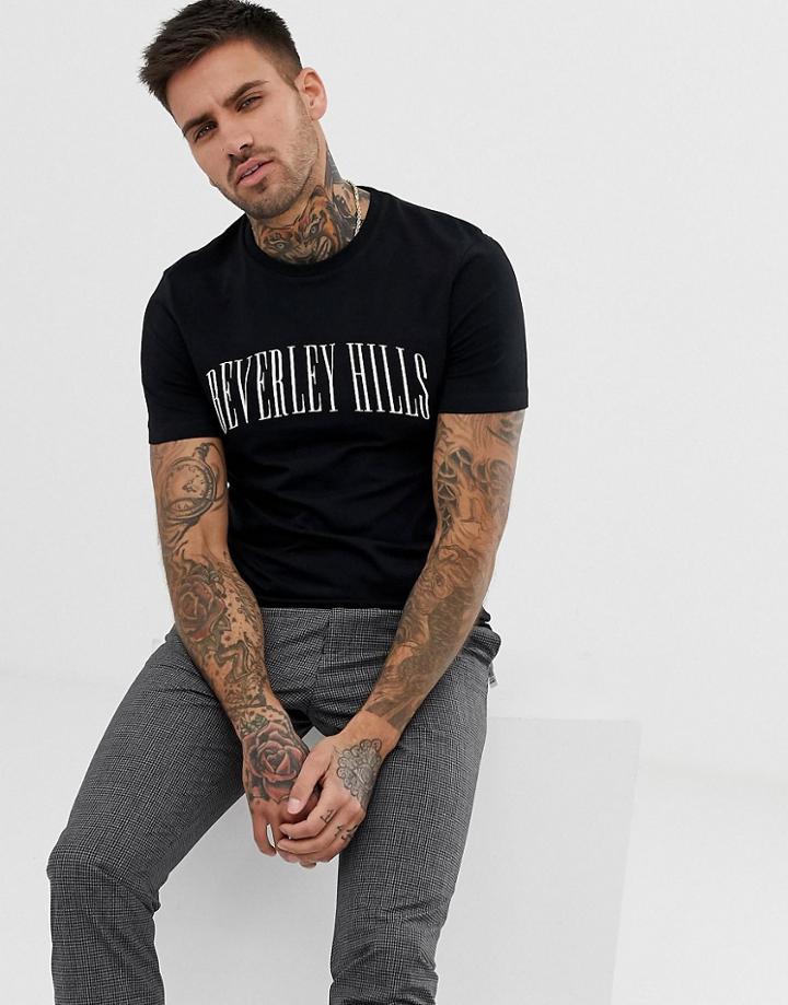 Asos Design Muscle Fit T-shirt With City Chest Print - Black