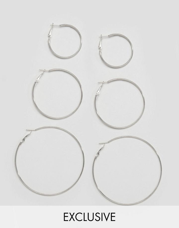 Reclaimed Vintage Inspired Simple 3 Pack Silver Hoop Earrings - Silver