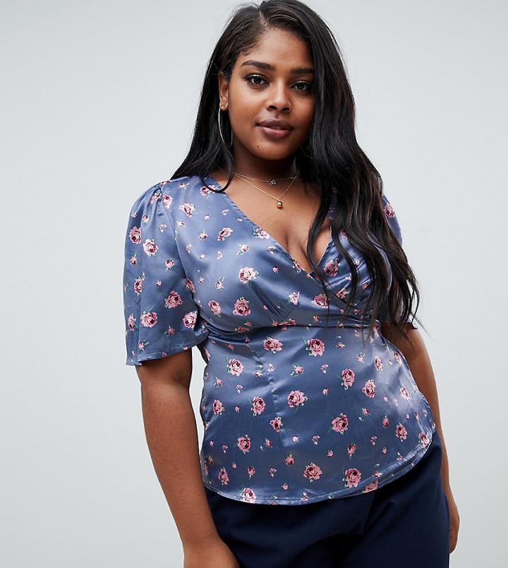 Fashion Union Plus Wrap Top In Romantic Floral - Gray