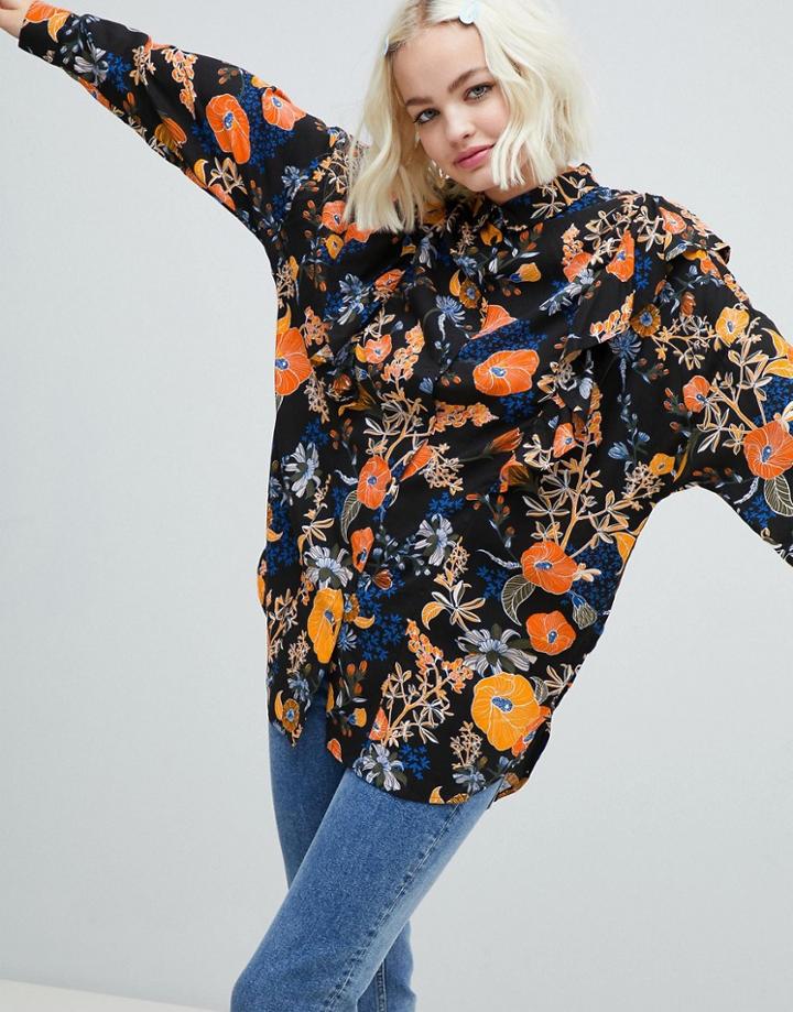 Monki Floral Ruffle Shoulder Shirt - Multi