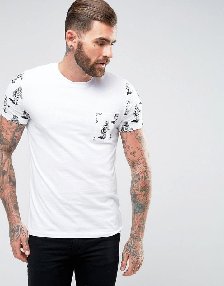 Asos T-shirt With Robot Print Sleeve And Pocket - White