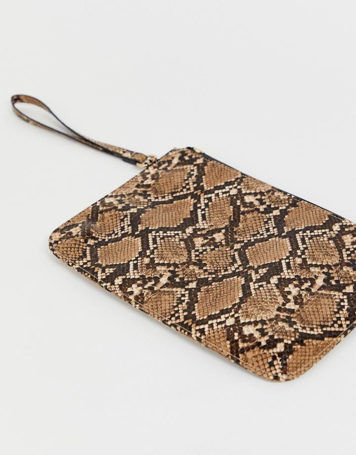 Asos Design Zip Top Wristlet Clutch Bag In Snake - Multi