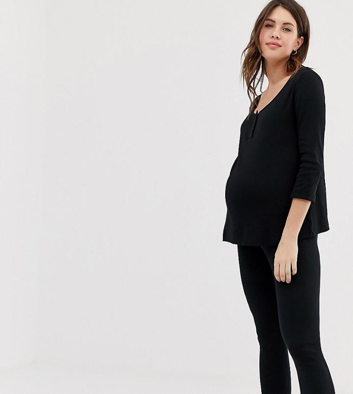 Asos Design Maternity Lounge Nursing Rib Top & Legging Set With Poppers-black