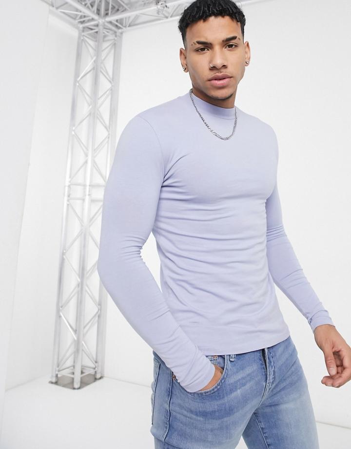Asos Design Long Sleeve Muscle Fit T-shirt With Turtle Neck In Light Blue-blues