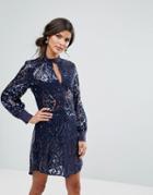 Closet High Collar Long Sleeve Sequin Dress - Blue