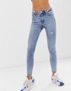 Bershka Skinny 5 Pocket Distressed Jean In Mid Blue - Blue