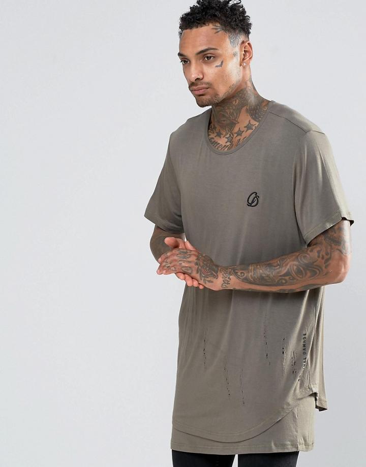 Criminal Damage Longline T-shirt With Dropped Hem - Green