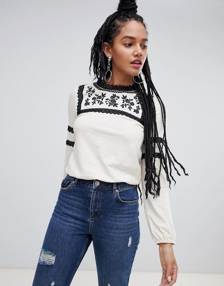 Miss Selfridge Top With Embroidered Detail In Cream - Cream