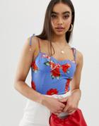 Fashion Union Structured Tie Sleeve Cami Top In Floral-blue