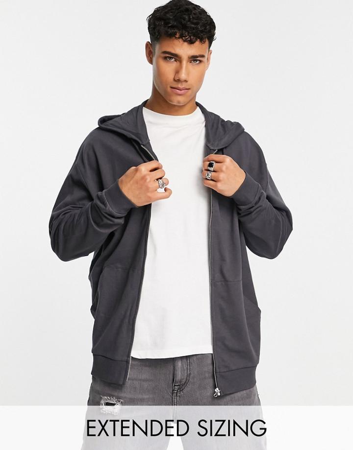 Asos Design Lightweight Oversized Zip Up Hoodie In Washed Black - Black