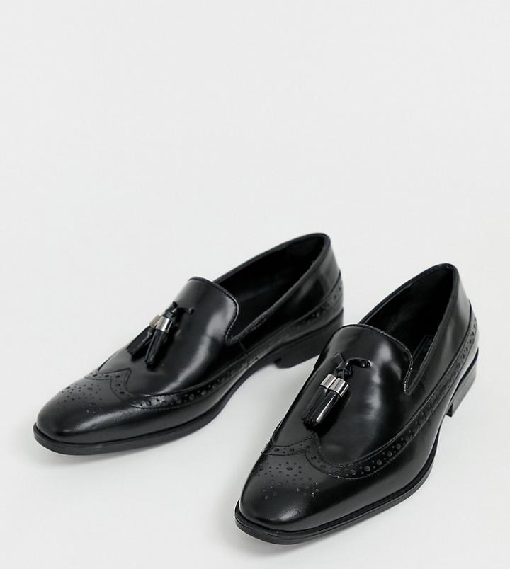 Asos Design Wide Fit Brogue Loafers In Black Leather - Black