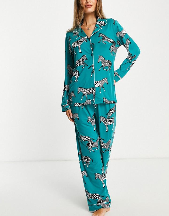 Chelsea Peers Jersey Revere Top And Trouser Pyjama Set In Turquoise Zebra - Turquoise-blues