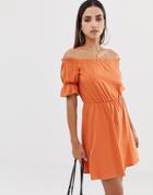 Asos Design Off Shoulder Mini Sundress With Puff Sleeve - Orange