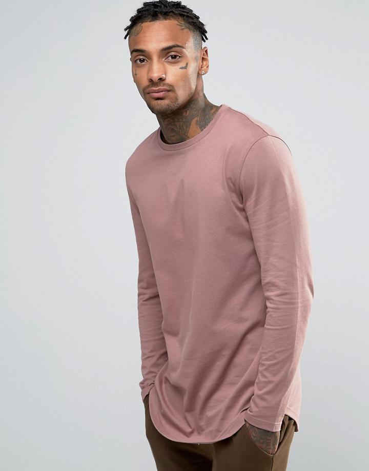 Asos Relaxed Longline Long Sleeve T-shirt With Curve Hem In Pink - Pink