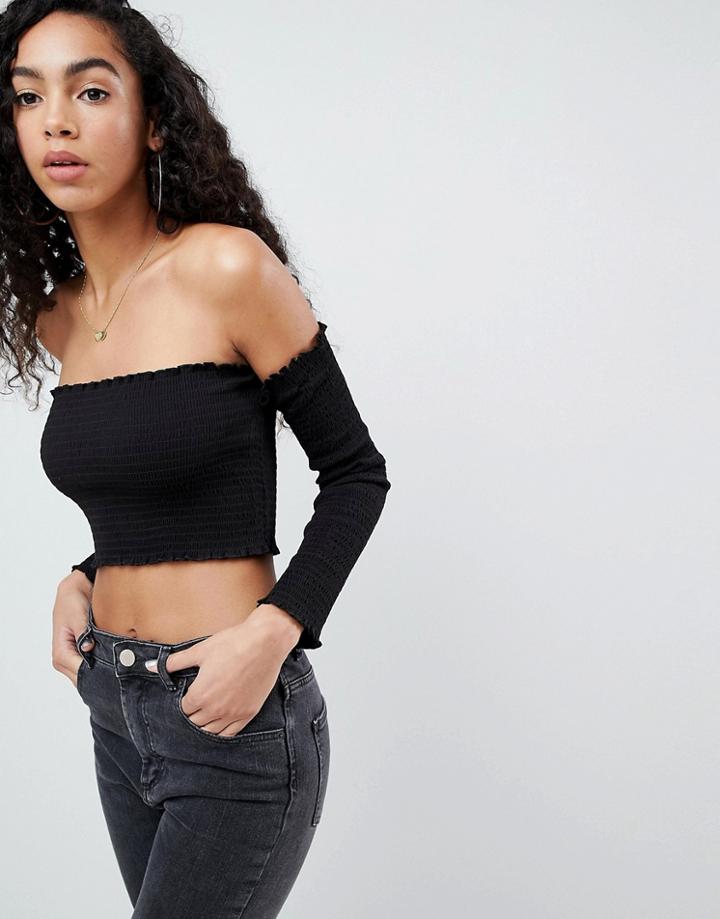 Asos Design Off Shoulder Shirred Top With 3/4 Sleeve - Orange