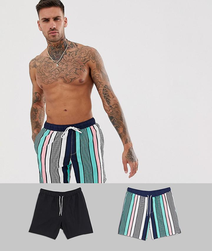 Asos Design Swim Shorts In Stripe & Black Mid Length 2 Pack Multipack Saving - Multi