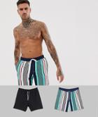 Asos Design Swim Shorts In Stripe & Black Mid Length 2 Pack Multipack Saving - Multi