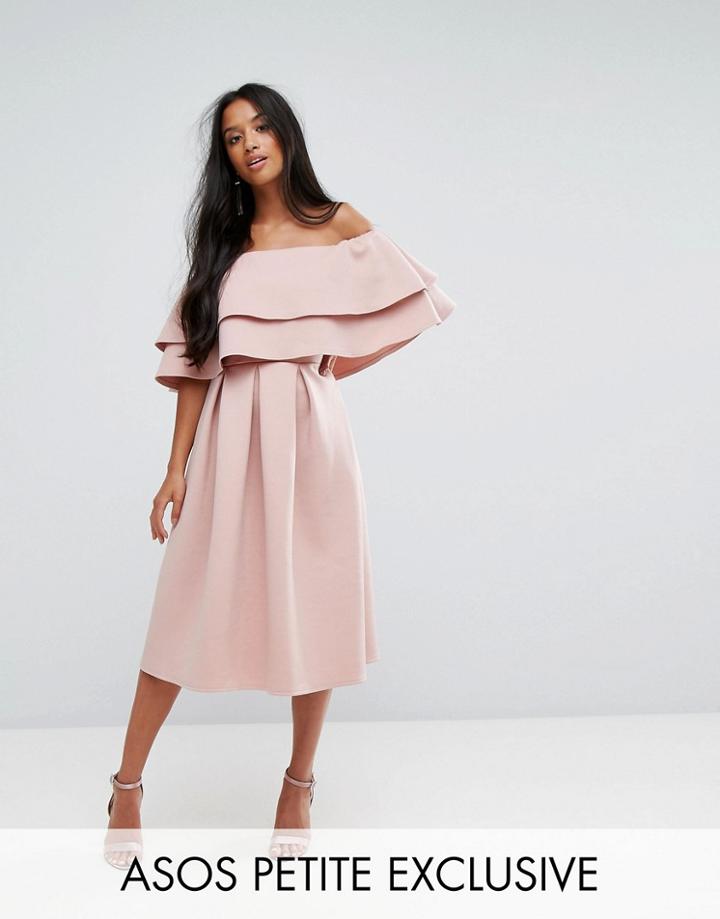 Asos Petite Off Shoulder Frill Midi Skater Dress - Navy