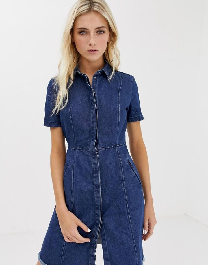 Noisy May Frayed Hem Denim Dress - Blue