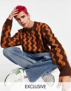 Collusion Knitted Crew Neck Sweater In Logo Jacquard Print-brown