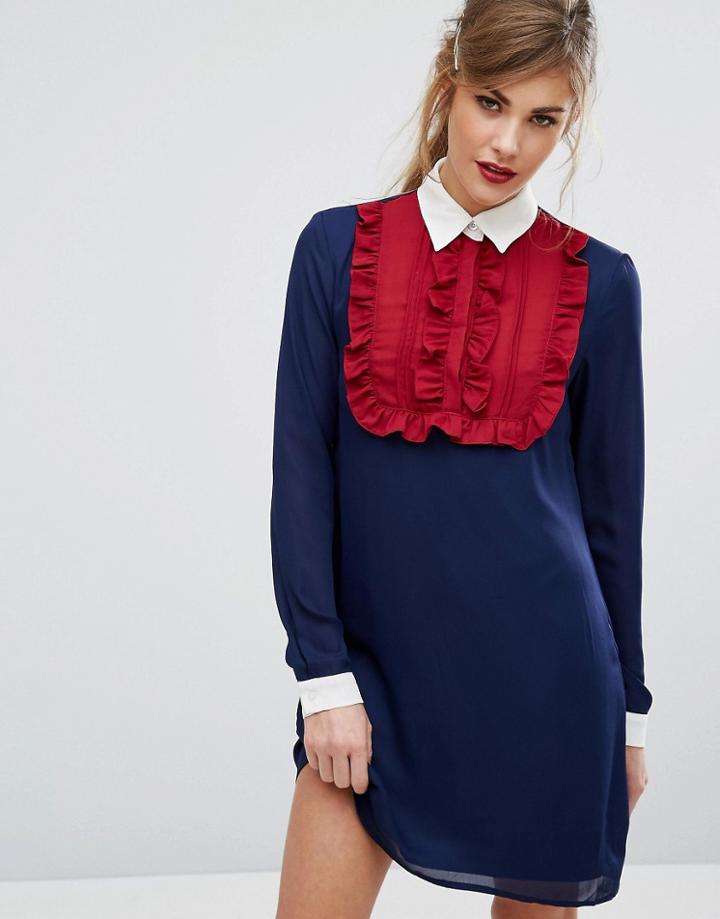 Fashion Union Ruffle Front Contrast Dress With Collar - Navy