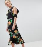 Asos Design Tall Black Base Floral Cold Shoulder Ruffle Pephem Midi Dress - Multi