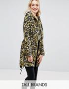Brave Soul Tall Festival Trench In Leopard Print - Green